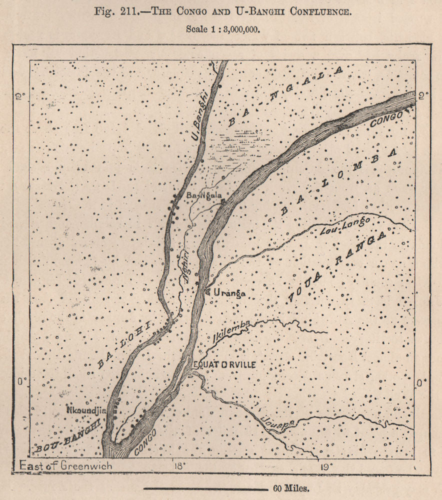 Congo & Ubangi/Ubangui river confluence.Mbandaka Coquilhatville.Congo 1885 map